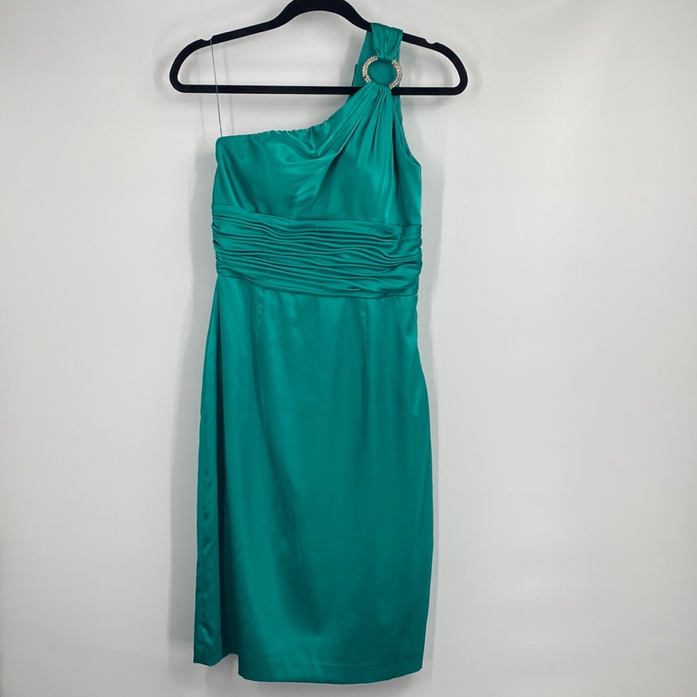Adrianna Papell Boutique Teal Satin One Shoulder Midi Dress Size 6